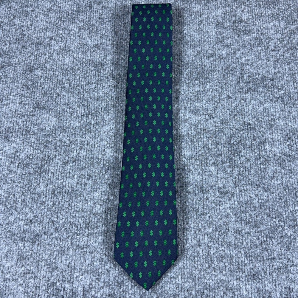 Alynn Mens Navy Blue Green Dollar Sign Money Pattern Polyester Necktie Vintage